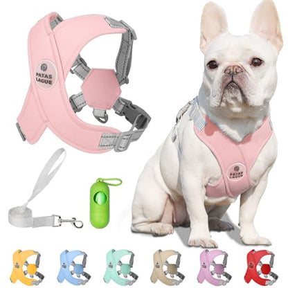 Patas Lague Dog Harness with Leash Set Adjustable Soft Padded Step-in Dog Vest No Choke No Pull Reflective for Small Medium Pets with Poop Bags and Dispenser, Solid and No-chew, Pink S - color: Pink, size: S (Neck 18.1-21.2'' Chest 21.2-25.2'')