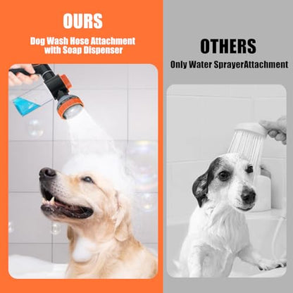 Dog Shower Attachment with Soap Dispenser, Upgraded Dog Wash Hose Attachment for Pet Bathing, High Pressure Foam Sprayer with 10 Spray Modes and Grooming Brush