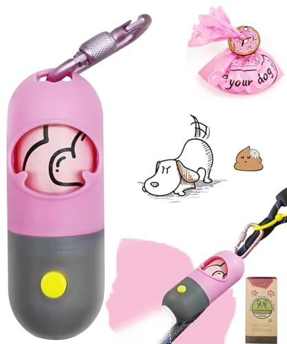 Dog Poop Bag Holder with LED Flashlight for Night Walks,Silicone Tether & Donut Pattern Clip for Used Bags, Hands-Free Metal Leash Carabiner, Includes 15 Scented Waste Bags(Pink) - color: Pink