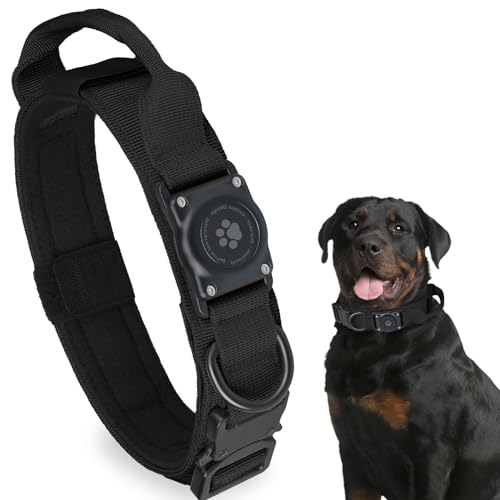 Tactical AirTag Dog Collar, 100% Waterproof Integrated Apple Air Tag Dog Collars with Hard PC AirTag Holder, Adjustable Military Collar with Handle, GPS Dog Collar for Medium Large Dogs(Black,M) - color: Black, size: M (15-18.5'')