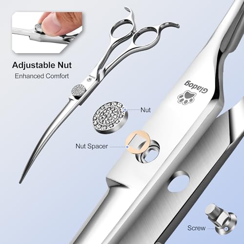 GLADOG 럭셔리 강아지 그루밍 가위 세트 - 17.8cm(7인치) 스트레이트, 16.5cm(6.5인치) 얇음, 17.8cm(7인치) 청커, 17.8cm(7인치) 곡선 - 9CR 스틸, 실버 럭스, 오른손, 플라스틱 손잡이, 4개입 - style: 프리미엄 세트