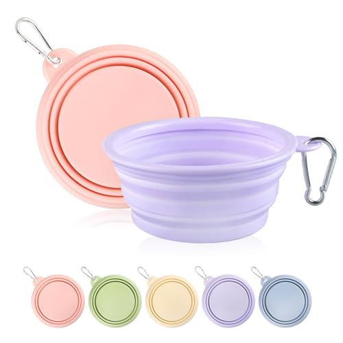 Collapsible Dog Bowls 2-Pack, Portable Travel Dog Bowl with Carabiner, Food-Grade Silicone Pet Bowl for Hiking, Walking (Macaron Pink and Violet) - color: 12 OZ Macaron Pink and Violet