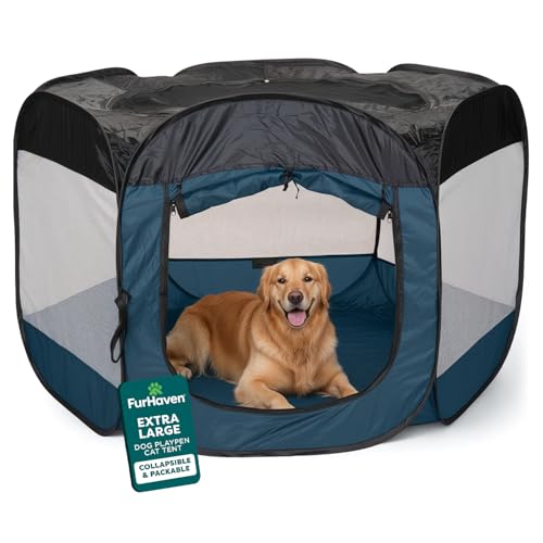 FurHaven Soft-Sided Dog & Cat Playpen, Portable Foldable Indoor & Outdoor Pet Playpen with Mesh Windows & Zippered Door, Sailor Blue, Extra Large - color: Sailor Blue, size: Extra Large