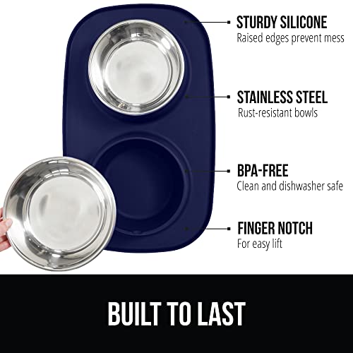 GORILLA GRIP Dog Bowl Set with Slip Resistant Silicone Feeding Mat, Food Grade 304 Stainless Steel Bowls, BPA Free, High Edge Spill Containment, Dishwasher Safe, Finger Notch Removal, 1 Cup, Navy Blue - color: Navy, size: 1 Cup Bowls