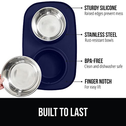 GORILLA GRIP Dog Bowl Set with Slip Resistant Silicone Feeding Mat, 3 Cup, Food Grade 304 Stainless Steel Bowls, BPA Free, High Edge Spill Containment, Dishwasher Safe, Finger Notch Removal, Navy Blue - color: Navy, size: 3 Cup Bowls