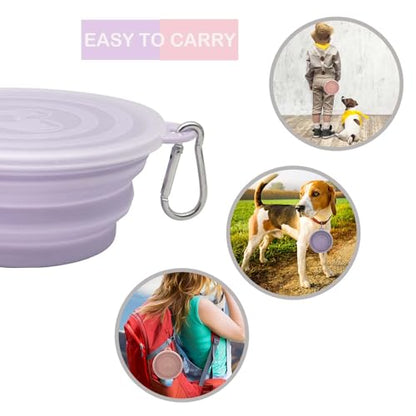 Small Collapsible Dog Bowl 12oz,2 Pack Portable and Foldable Pet Travel Bowls with 2 Carabiners & Lids for Dogs Cats and Small Animals (Macaron Purple+Pink, 350ml)