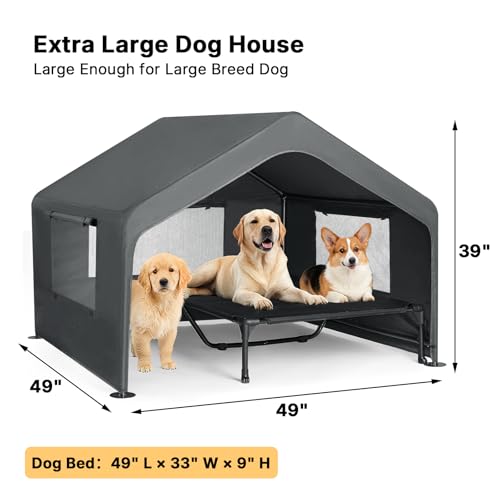 Veehoo Extra Large Dog House Outdoor with Elevated Dog Bed, Outside Dog Tent 4.1' x 4.1' x 3.3', Weatherproof Dog Shade Shelter and Raised Bed Combo for Pets or Stray Animals, Grey