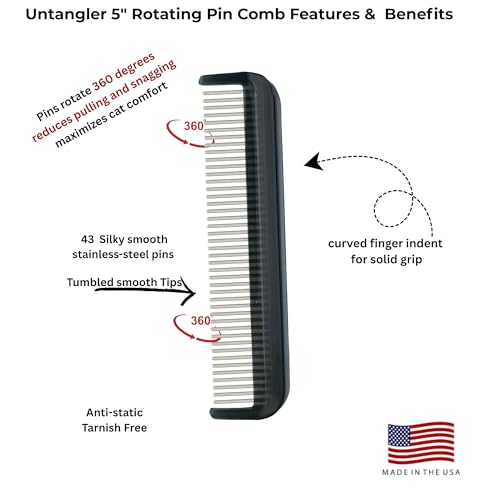Cat Comb with Silky Smooth Rotating Teeth - Clears Mats Gently and Easily (5" Ultra Fine Teeth; 7" Dual Teeth) (Black, 5") - color: Black, size: 5"