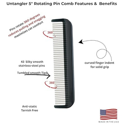 Cat Comb with Silky Smooth Rotating Teeth - Clears Mats Gently and Easily (5" Ultra Fine Teeth; 7" Dual Teeth) (Black, 5") - color: Black, size: 5"