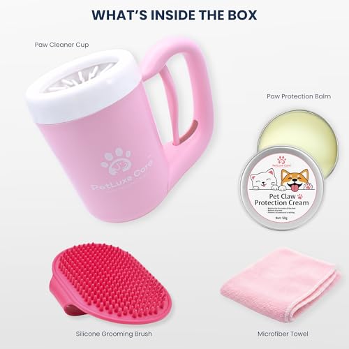 Dog Paw Cleaner, Paw Washer Cup with Soft Silicone Bristles, Portable Dog Foot Washer, 4-in-1 Paw Cleaner Kit with Paw Balm, Microfiber Towel & Grooming Brush (Pink Medium) - color: Pink, size: Medium