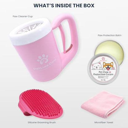 Dog Paw Cleaner, Paw Washer Cup with Soft Silicone Bristles, Portable Dog Foot Washer, 4-in-1 Paw Cleaner Kit with Paw Balm, Microfiber Towel & Grooming Brush (Pink Medium) - color: Pink, size: Medium