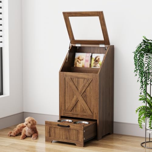 Dog Feeding Station with 2 Elevated Bowls, Dog Food Storage Cabinet with Pet Toy Organizer and Flip Top Pet Feeding Station,Hidden Pet Feeder Station for Cats and Dogs(Walnut) - color: Dog Feeding Station-Walnut