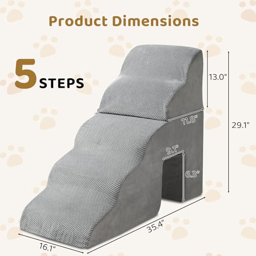 Dog Stairs Ramp,5 Step Pet Stairs for Small to Large Dogs,Non-Slip Bottom Dog Steps for High Bed,Sofa,Couch or Chair,High Density Foam Pet Step for Indoor Outdoor Car SUV (Grey B)