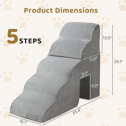 Dog Stairs Ramp,5 Step Pet Stairs for Small to Large Dogs,Non-Slip Bottom Dog Steps for High Bed,Sofa,Couch or Chair,High Density Foam Pet Step for Indoor Outdoor Car SUV (Grey B)