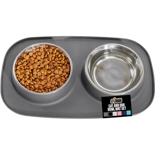 GORILLA GRIP Dog Bowl Set with Slip Resistant Silicone Feeding Mat, Food Grade 304 Stainless Steel Bowls, BPA Free, High Edge Spill Containment, Dishwasher Safe, Finger Notch Removal, 1 Cup, Gray - color: Gray, size: 1 Cup Bowls