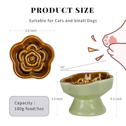 S&Q's CERAMICS Raised Slow Feeder Cat Bowl, Ceramic Elevated Cute Pet Food Bowl Small Dogs Slow Feeder, Flower Shaped Cute Cat Dish for Dry and Wet Food (Brown, 5.8") - color: Brown