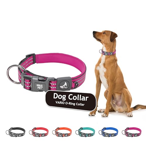 Kruz Dog Collar for Medium Dogs (Width- 3/4", Length - 17"-21.5") Reflective Adjustable Pet Neck Band with Soft Padding, Heavy-Duty O-Ring, 100% Nylon Strap (Raspberry Pink, Medium) - color: Raspberry pink, size: Medium