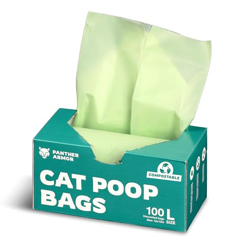 Panther Armor Cat Litter Bags, 100 Large Compostable Unscented Poop Bags -16x12in Super Large Kitty - Leak Proof Box Trash - Odor Proof Cat Disposal - size: 1 Count (Pack of 100), style: Large