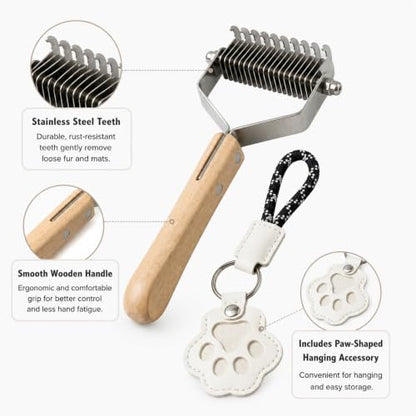 2-in-1 Dog Undercoat Rake and Dematting Tool - Durable Stainless Steel Deshedding Brush with Ergonomic Wooden Handle - Grooming Rake for Long Haired Cats & Dogs with Hair Keepsake Keychain(L)