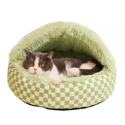ound Hooded Cat Bed and Dog Bed with Covered Cave, Cat Bed for Small Dogs, Faux Fur Cuddle Pillow Round Recessed Cat Bed, Automatic Warming Donut Cat Bed (Green) - color: green