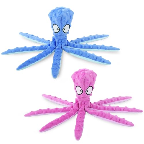 Vila Octopus Dog Plush Toy, No-Stuffing Body with Crinkle Tentacles and Squeaker Head, Soft Polyester for Light to Moderate Chewers, Washable and Durable Pet Companion, Blue & Purple, 2 Pcs. per Pack