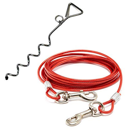 Katzco Chrome Dog Corkscrew Stake with Leash Lead - 25 Foot Cable with 80 lb Pull Strength - Heavy-Duty Outdoor Tie-Out for Large, Medium, and Small Energetic Dogs - Backyard Summer Dog Run - Red - size: Chrome Dog Tie-Out Stake with 25ft Cable (1-Pack)