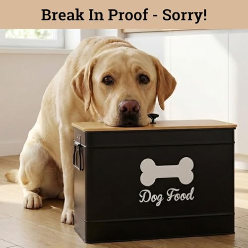 Dog Food Container Airtight 15-20 lb (70 Cup) Capacity with Metal Scoop - Cute Airtight Dog Food Storage Container with Bamboo Lid - Black Metal Kibble Storage Bin for Dogs up to 100 lbs - Big Pet Jar - color: Black