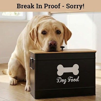 Dog Food Container Airtight 15-20 lb (70 Cup) Capacity with Metal Scoop - Cute Airtight Dog Food Storage Container with Bamboo Lid - Black Metal Kibble Storage Bin for Dogs up to 100 lbs - Big Pet Jar - color: Black