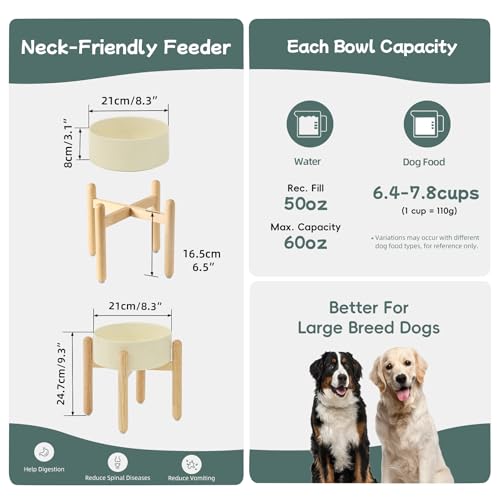 Havniva 8.3inch Ceramic Raised Dog Bowl with Stand, Elevated Dog Bowls for Large Breed Dog Food and Water Bowl Non-Slip Dog Dish Large Capacity Feeding Pet Water Bowl - color: Bowl+Stand - Light Yellow, size: 8.3inch