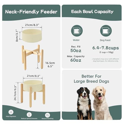 Havniva 8.3inch Ceramic Raised Dog Bowl with Stand, Elevated Dog Bowls for Large Breed Dog Food and Water Bowl Non-Slip Dog Dish Large Capacity Feeding Pet Water Bowl - color: Bowl+Stand - Light Yellow, size: 8.3inch
