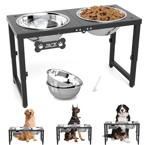 SHAINFUN Elevated Dog Bowls for Large Dogs, 3 Height Adjustable，Raised Tall Dog Food Water Bowl Stand with Two 101oz Bowls - color: Black-101oz