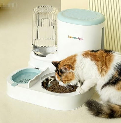 Automatic Cat Feeder and Water Dispenser, 1.1L Cat Dry Food Dispenser with Stainless Steel Bowl, 800ml Gravity Water Dispenser with Filter for Small Dog Cats Kitten Puppy