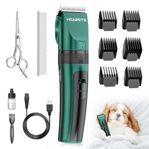 HEAPETS Dog Clippers for Grooming, Low Noise, Electric Quiet, Adjustable Clipper Comb, Rechargeable Cordless Dog Hair Clippers for Dogs Cats Pets, Green - color: Green