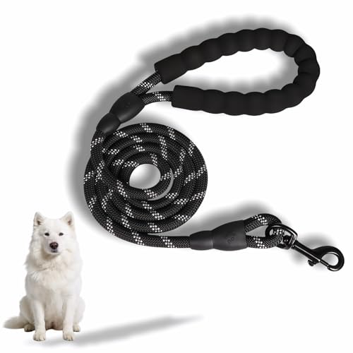 Heavy Duty Dog Leash, Black, High-Density Nylon Rope, 6 ft, Padded Foam Handle, Reflective, 360° Rotating Metal Buckle