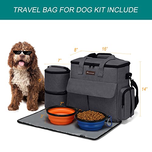 Modoker Airline Approved Pet Travel Bag, Weekend Dog Travel Set for Dog and Cat, Airline Approved Tote Organizer with Multi-Function Pockets 2 Food Storage Containers, 2 Collapsible Bowls (Dark Gray) - color: Dark Gray