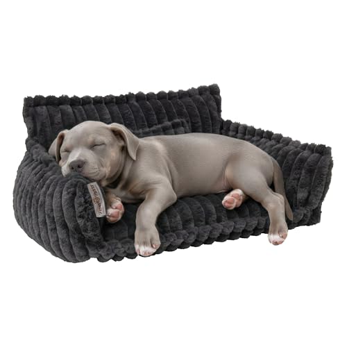 Grooved Pet Bed for Small to Medium Dogs or Cats, Soft Ribbed Corduroy-Style Polyester Fabric, Supportive Bolsters, Removable Cover, Non-Slip Base, Sofa Pet Lounger with Mini Play Cushion, Dark Gray - color: Dark Gray