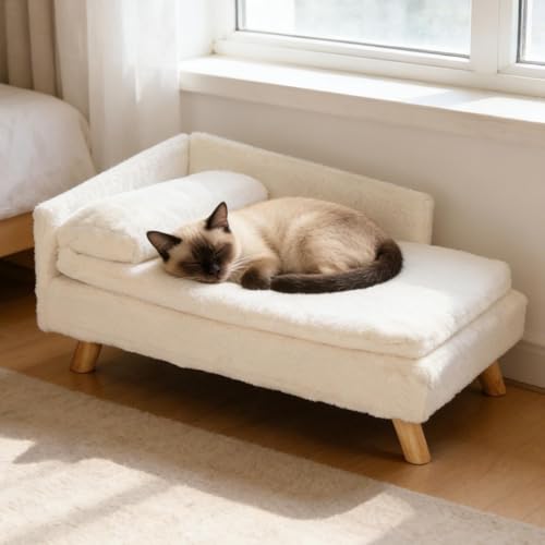 Elevated Cat Couch Sofa: Wooden Cat Bed Dog Chair with Bolster Cushion for Small Dogs Cute Pet Chaise Soft Cushion Fluffy Washable for Puppy - size: 27.8"x14.9"x9.3"