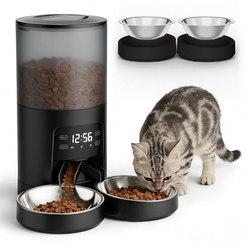 DUMOS 6L Automatic Cat Feeder for 2 Cats, Timed Pet Food Dispenser with 2 Stainless Bowls, 10s Voice Recorder, Dual Power Supply, 6 Meals 50 Portions Per Day, Dual Pet Feeder for Cat and Dog, Black - color: Black, size: 6L