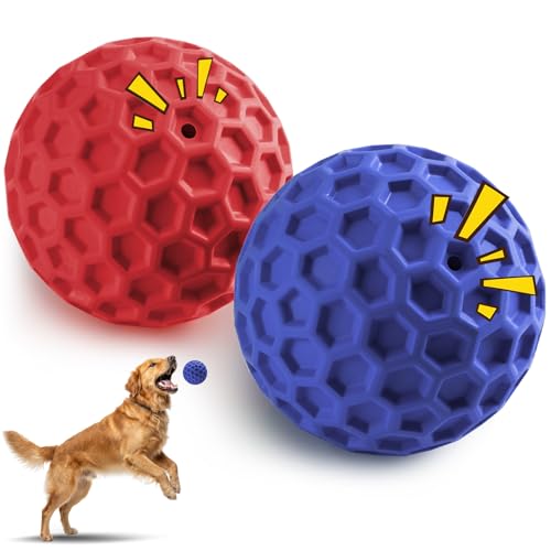 HIPPIH Indestructible Squeaky Dog Toys, Interactive Dog Balls 2 Pack, Chew Toys for Aggressive Chewers, Natural Rubber Puppy Toy for Large/Medium Dogs, Tough Puppy Teething Toy, Relieve Anxiety - color: Blue+Red, size: 3.15inch+3.15inch