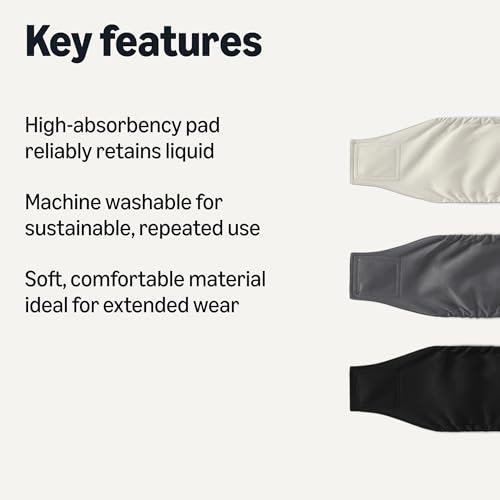 Amazon Basics Washable Reusable Male Dog Belly Band Diapers, Highly Absorbent with Sewn-in Pad, XS (11-13 Inch Waist), Black, Grey, Silver, 3-Pack - size: XS