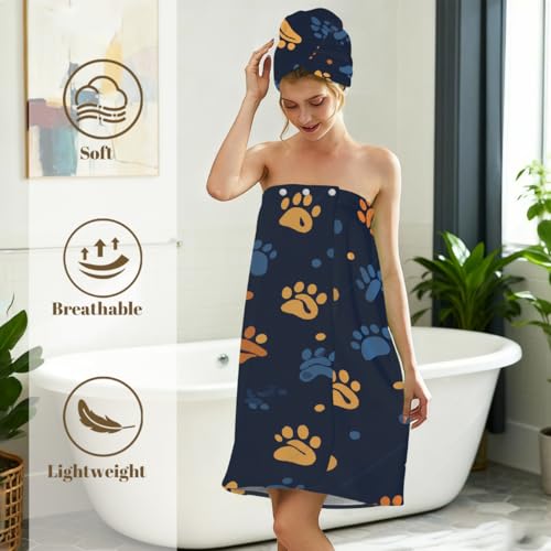 Dog Paw Orange Blue Microfiber Bathrobe and Hair Towel Wrap Set for Women Quick Dry Shower Towels Wrap Absorbent Soft Bath Robe and Hair Drying Cap for Spa After Shower