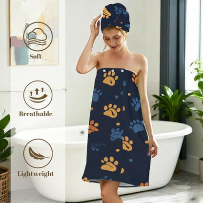 Dog Paw Orange Blue Microfiber Bathrobe and Hair Towel Wrap Set for Women Quick Dry Shower Towels Wrap Absorbent Soft Bath Robe and Hair Drying Cap for Spa After Shower