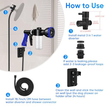 Dog Shower Attachment Water Hose Nozzle Sprayer Set with Metal 3-Way Diverter & 6.6 Ft Long Hose, Tub Faucet for Shower Arm Easy Faucet Pup Pet Bathing Sprayer Washer Kit - style: Dog Shower Attachment