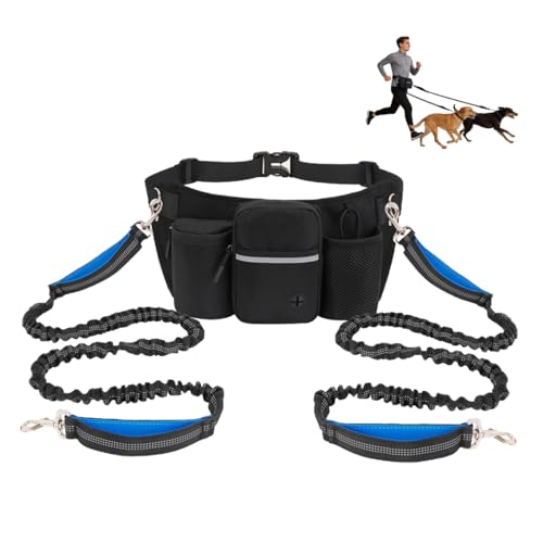 Hands Free Dog Leash for 2 Dogs, Adjustable Waist Belt, Reflective Stitching Leash with Double Padded Handles for Running, Hiking - color: Black