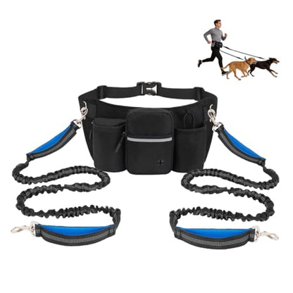 Hands Free Dog Leash for 2 Dogs, Adjustable Waist Belt, Reflective Stitching Leash with Double Padded Handles for Running, Hiking - color: Black