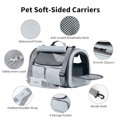 FUKUMARU Cat Carrier, Soft-Sided Small Dog Carrier, Large Cat Travel Bag with 4 Mesh Windows, Under 15 lb Airline Approved Pet Carrier with 4 Storage Pockets, Rollable Cover for Nervous Cats, Grey - color: Ash Grey