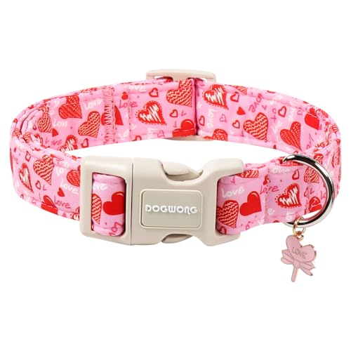 DOGWONG Valentine's Dog Collar - Pink Heart Adjustable Cotton Heart Dog Collar - Cute Dog Collars Perfect for Small Dogs - color: Z: Paw Heart, size: Extra Small