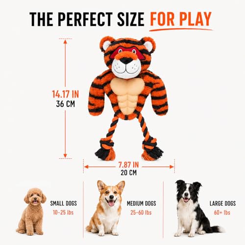 Tiger Rope & Plush Dog Toy with Squeaker, Interactive Tug Toy for Medium to Large Dogs, Multi-Texture Toy for Tug, Toss & Supervised Play - color: Tiger