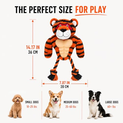 Tiger Rope & Plush Dog Toy with Squeaker, Interactive Tug Toy for Medium to Large Dogs, Multi-Texture Toy for Tug, Toss & Supervised Play - color: Tiger