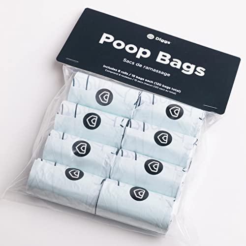 Diggs Dog Poop Bags (8-Rolls) - Durable & Odor Resistant Pet Waste Bags Refill Pack - One-Hand Dispensing, Innovative No-Tear Pet Products - 120 Bag Count